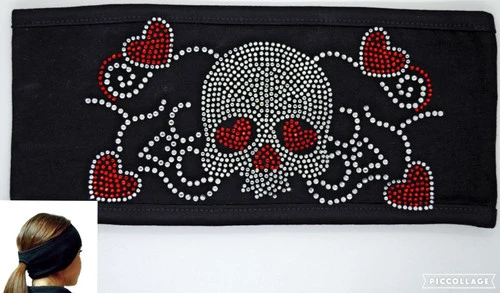 Skull Hearts Red Lady Biker Pony Tail Bling Headwrap 2 Skull Hearts Red Lady Biker Pony Tail Bling Headwrap - Image 2
