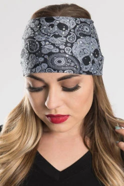 EZ BANDZ Headband, B&W Skull Paisley W/Gemstones