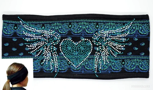 Heart Wings Teal Paisley Lady Biker Pony Tail Bling Headwrap 2 Heart Wings Teal Paisley Lady Biker Pony Tail Bling Headwrap - Image 2