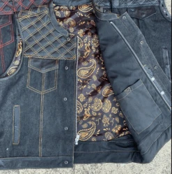 Mens Denim/Leather Premium Club Vest In Soft Cowhide With Yellow Paisley Liner