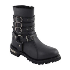 Womenâs 9â Triple Buckle Leather Harness Boot W/ Side Zipper Entry
