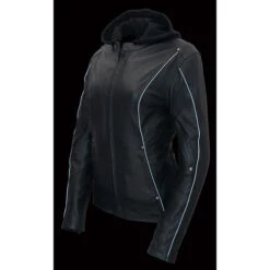 Women Black 3/4 Hooded Leather Jacket With Side Stretch Fit
