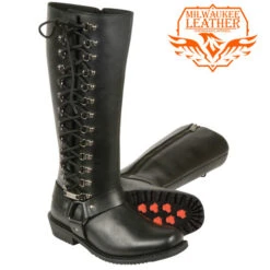 Boot Harness Tall Boots - BLK Women’s 14″Inch Classic Harness Square Toe Motorcycle Leather Boot W/ Full Lacing