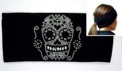 Sugar Skull Blk Silver Lady Biker Pony Tail Bling Headwrap