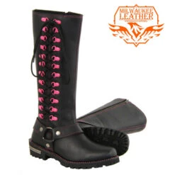 Womenâs 14âłInch Pink Classic Harness Square Toe Leather Boot W/ Full Lacing