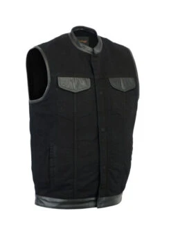 Men’s Black Denim Vest W/ Leather Trim Club Cut