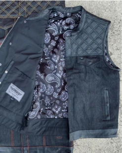 Mens Denim/Leather Premium Club Vest In Soft Cowhide With Paisley Liner
